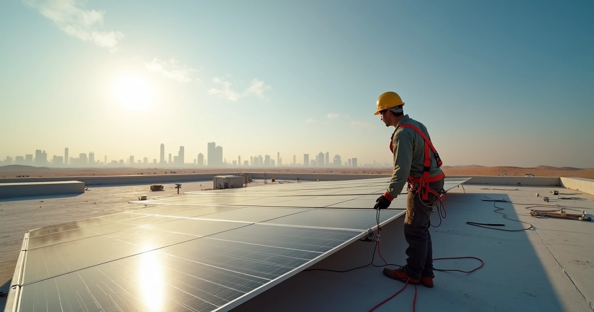 Technician installing solar panels on a rooftop in Saudi Arabia. 