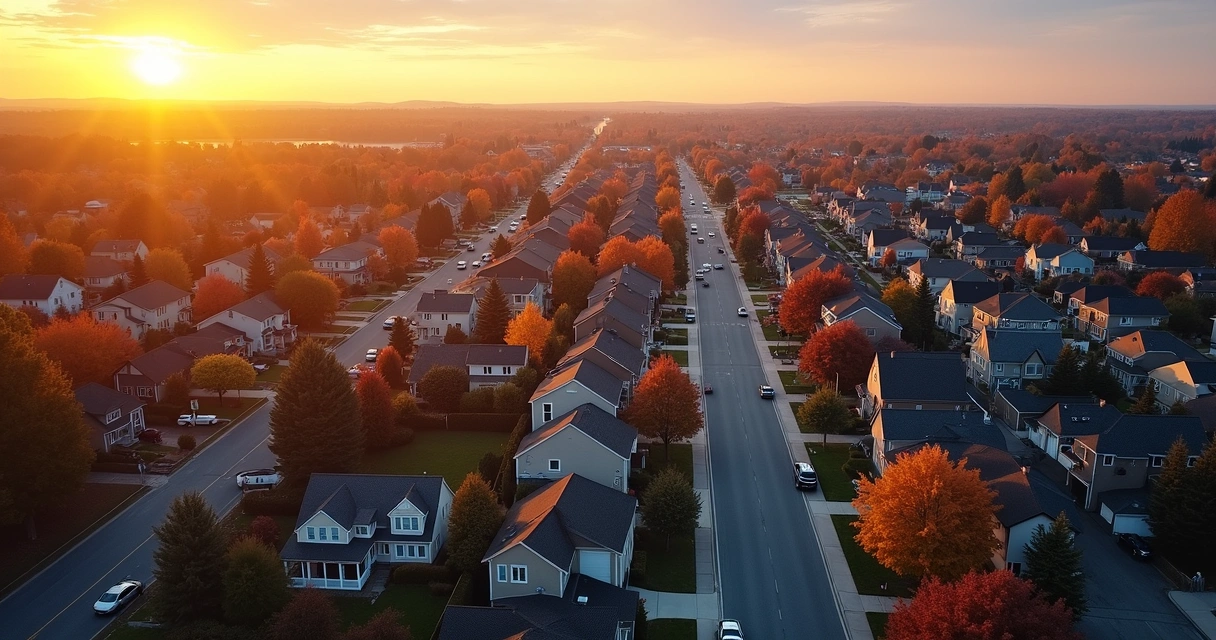 Transparent solar map overlay on New England suburban neighborhood at sunset 