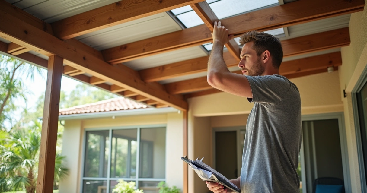 Inspector examining lanai roof for solar panel suitability in Orlando 