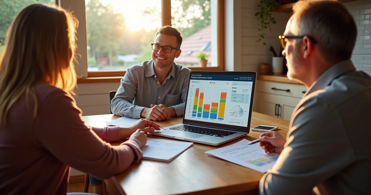 Solar sales rep discussing property data with homeowner