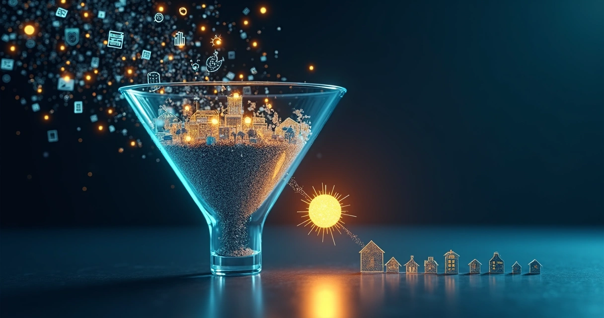 Solar leads flowing through a digital qualification funnel split between good and bad prospects 