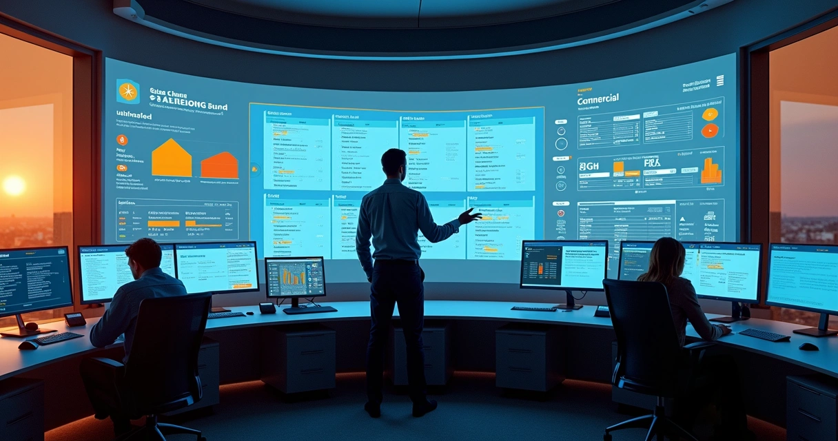 Solar sales control room with analyst monitoring lead qualification screens 