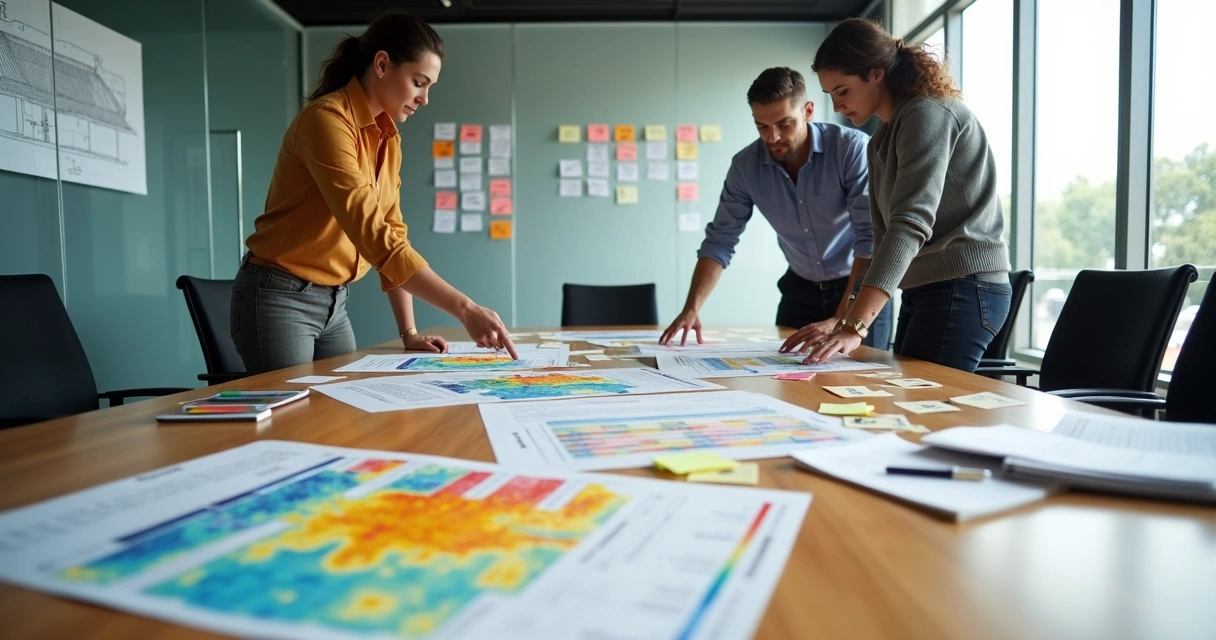 Solar team reviewing printed lead scoring heatmap and notes on a conference table 