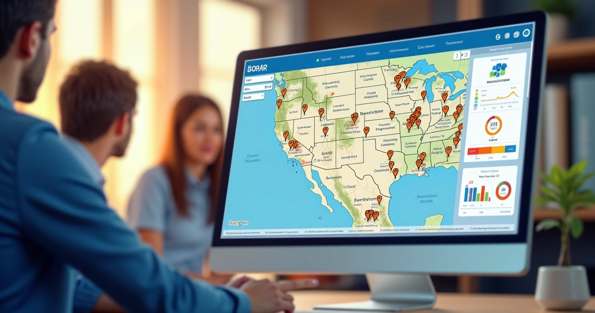 Property data dashboard with solar map and leads on screen