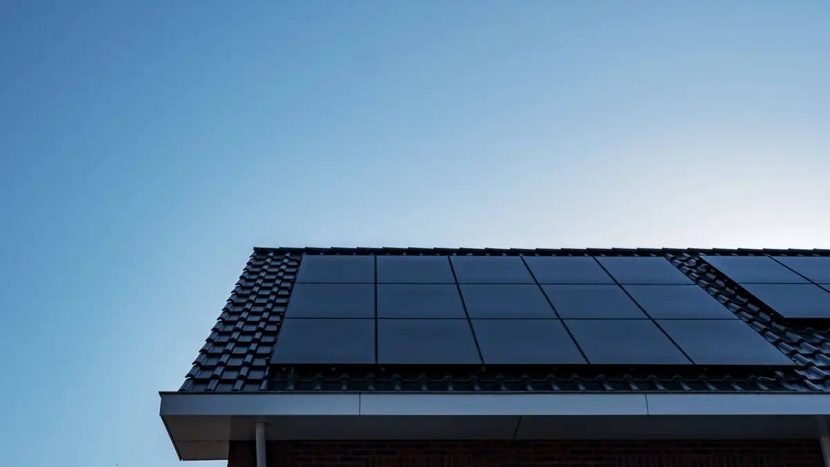 Solar panels installed on dark tiled roof against blue sky