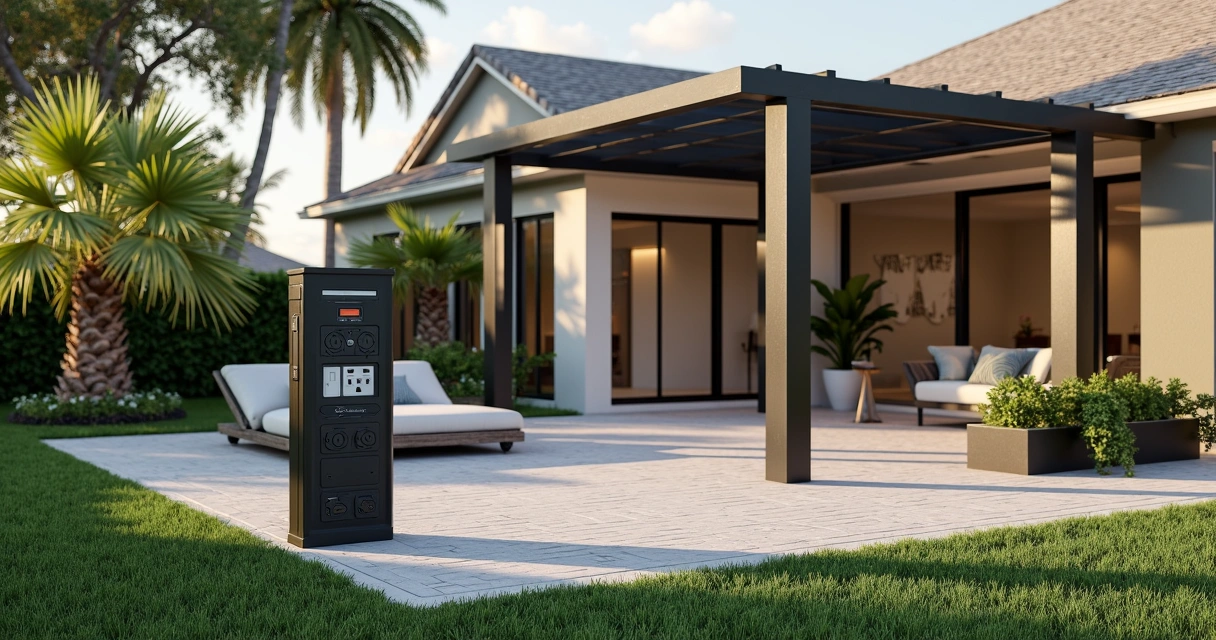 Solar-powered charging station on a patio with outdoor seating and greenery 
