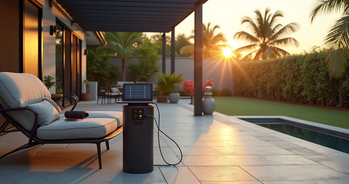 Modern Florida patio with integrated solar charging station at dusk 