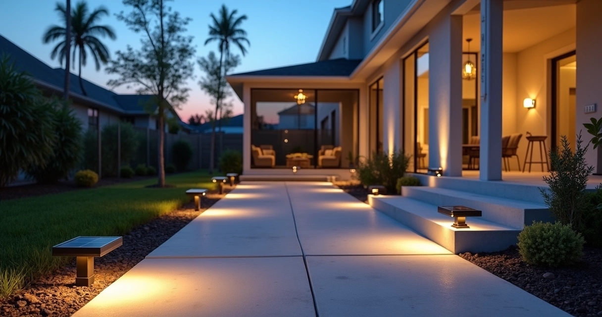 Solar path lights illuminating a modern patio at dusk 