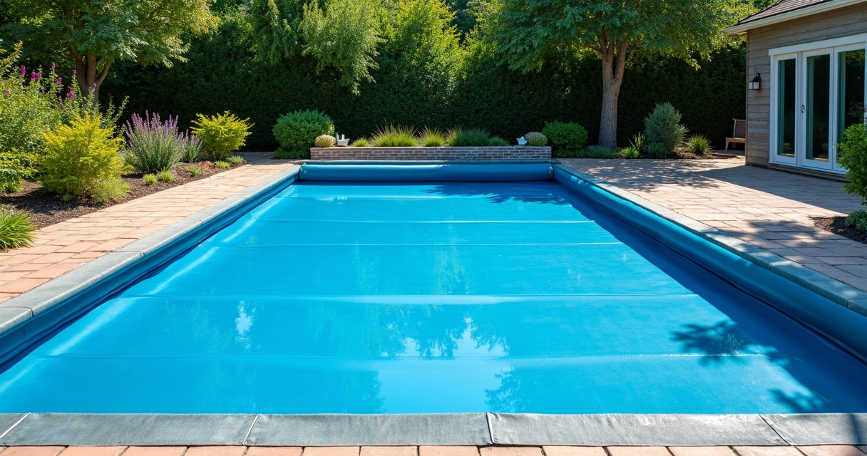 Blue solar pool cover partially covering backyard pool 