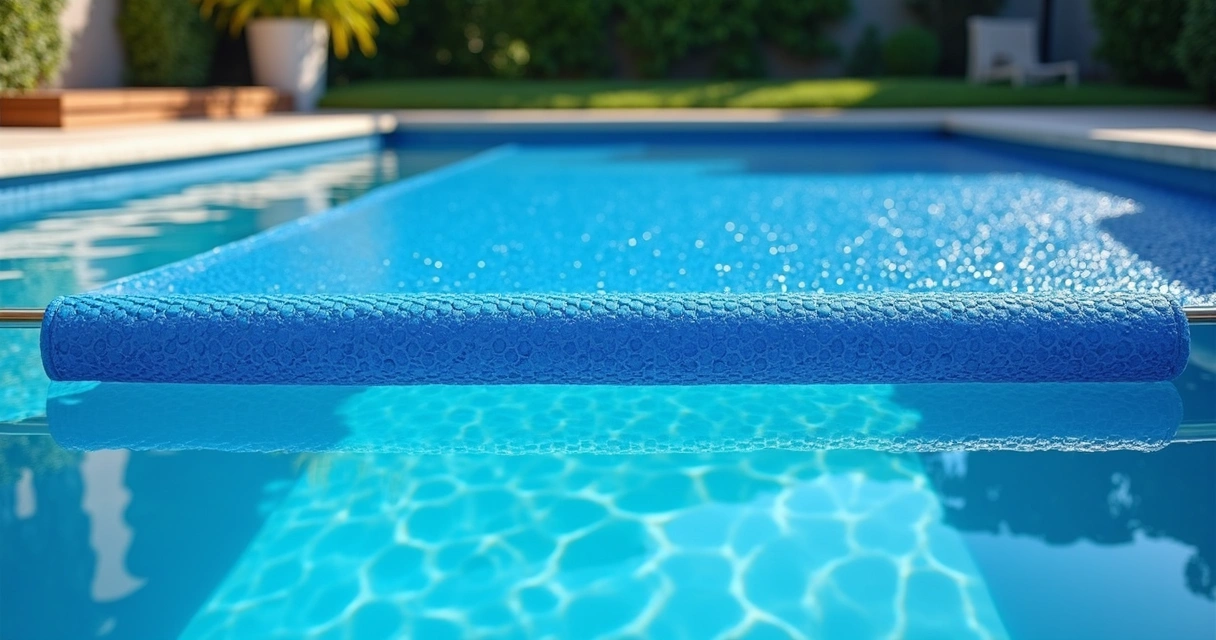 Blue solar pool cover floating on a backyard swimming pool 