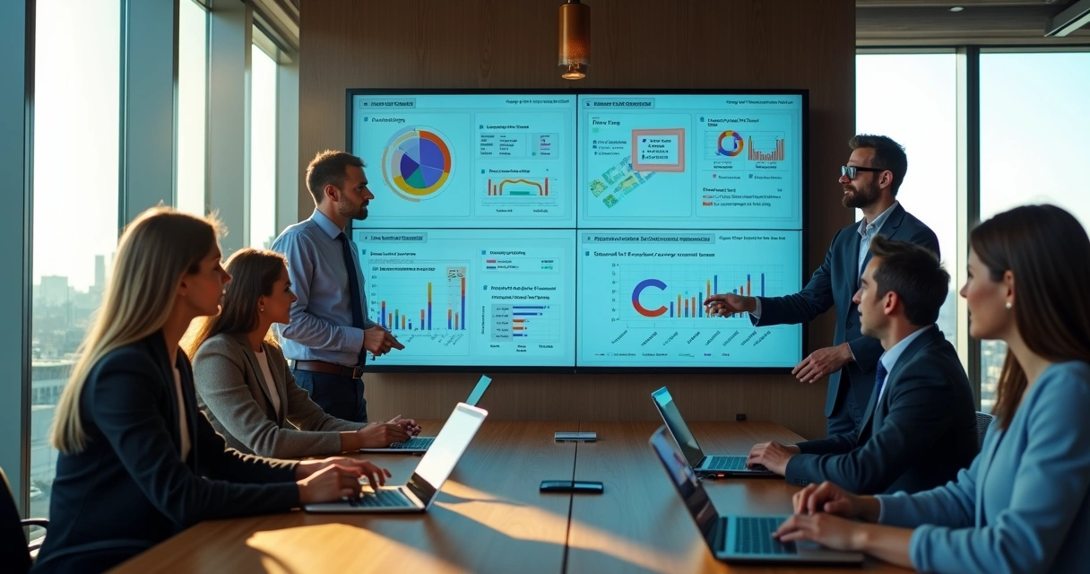 Solar sales leaders reviewing an AI prospecting dashboard in a glass-walled meeting room 