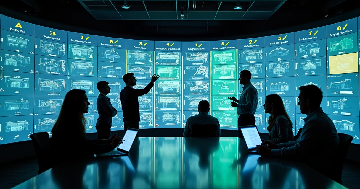 Solar sales team in digital war room filtering property leads by data 