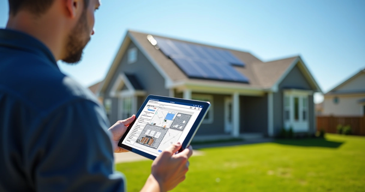 Tablet screen showing solar panel assessment overlay on house roof 
