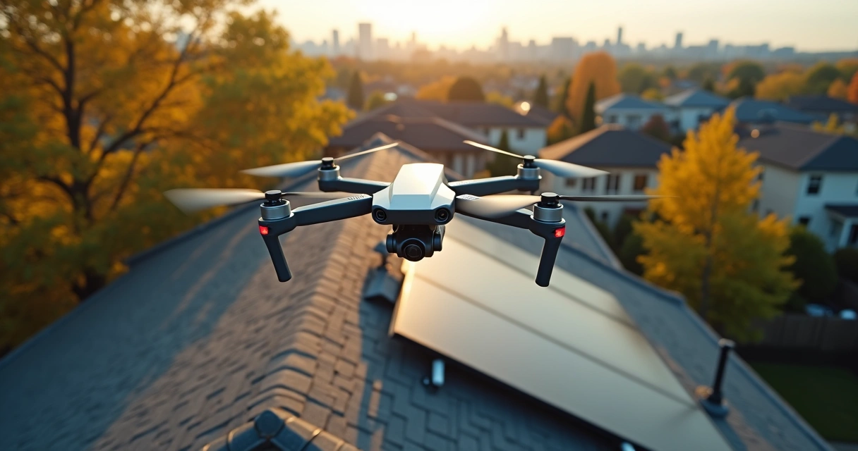 Drone inspecting residential roof with solar panels and trees