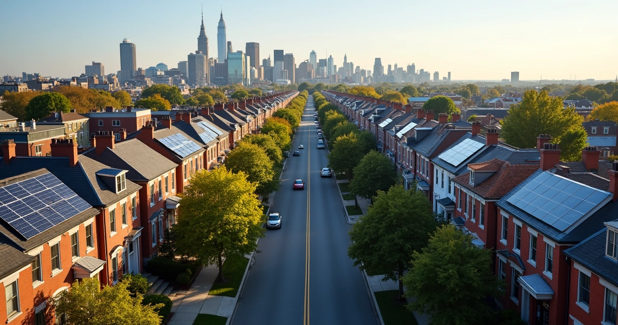 Boston neighborhood with residential rooftops covered in solar panels 