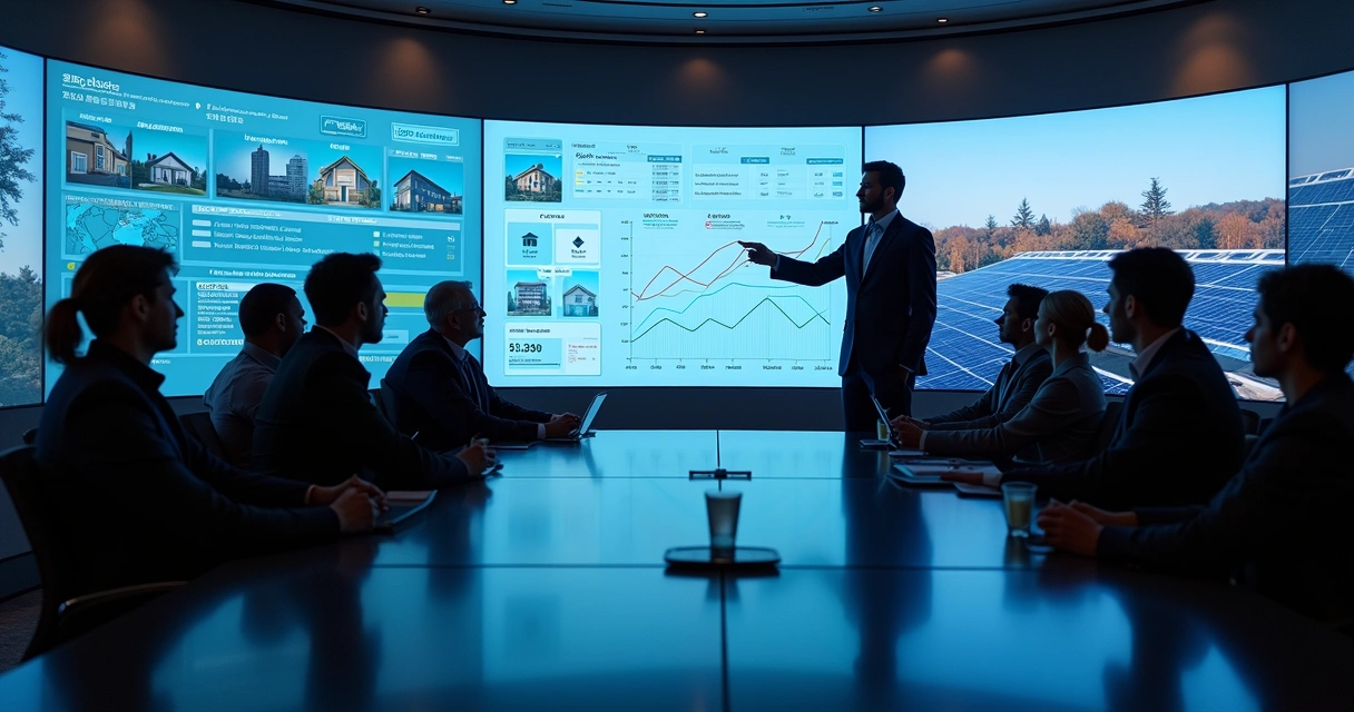 Solar sales leader presenting data-driven strategy in a high-tech command center 