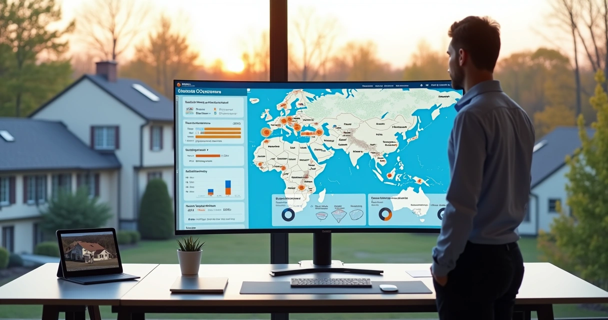 Solar sales rep analyzing residential rooftop data on a digital dashboard 