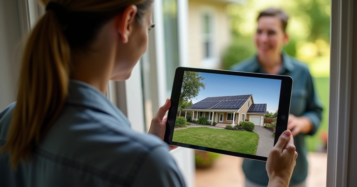 Solar salesperson showing tablet with solar roof visualization at home entrance 