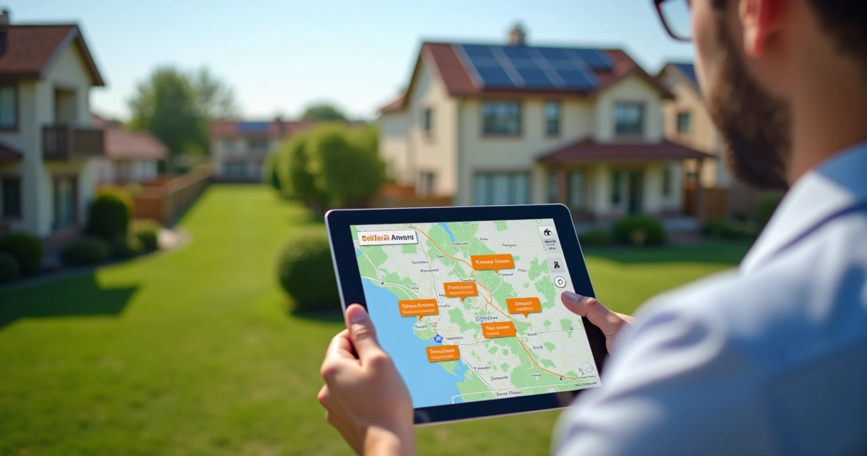 Sales rep using tablet to analyze solar lead map in suburban neighborhood 