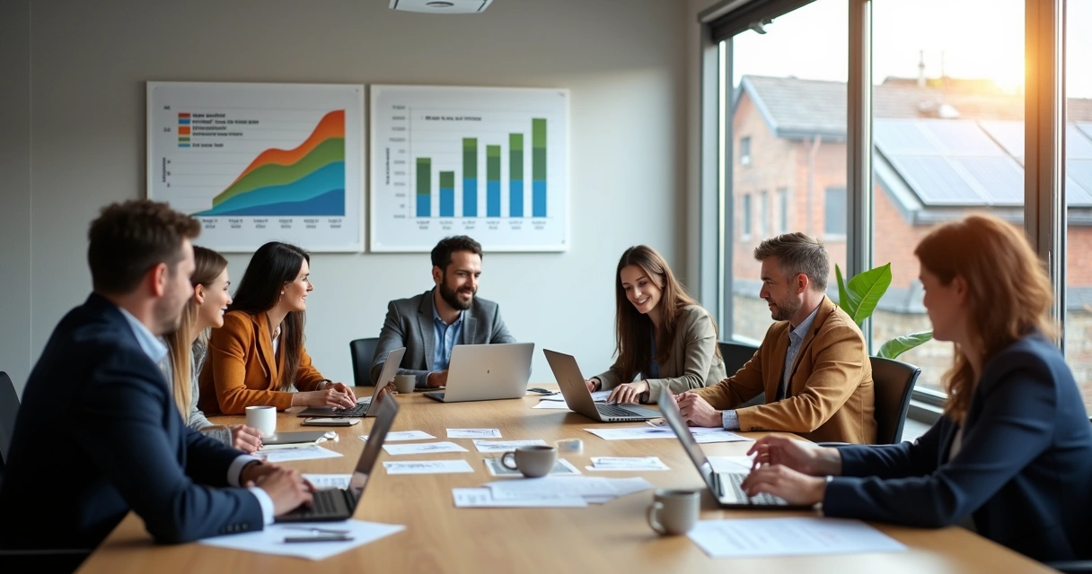 Solar sales and marketing team discussing leads with laptops and charts 