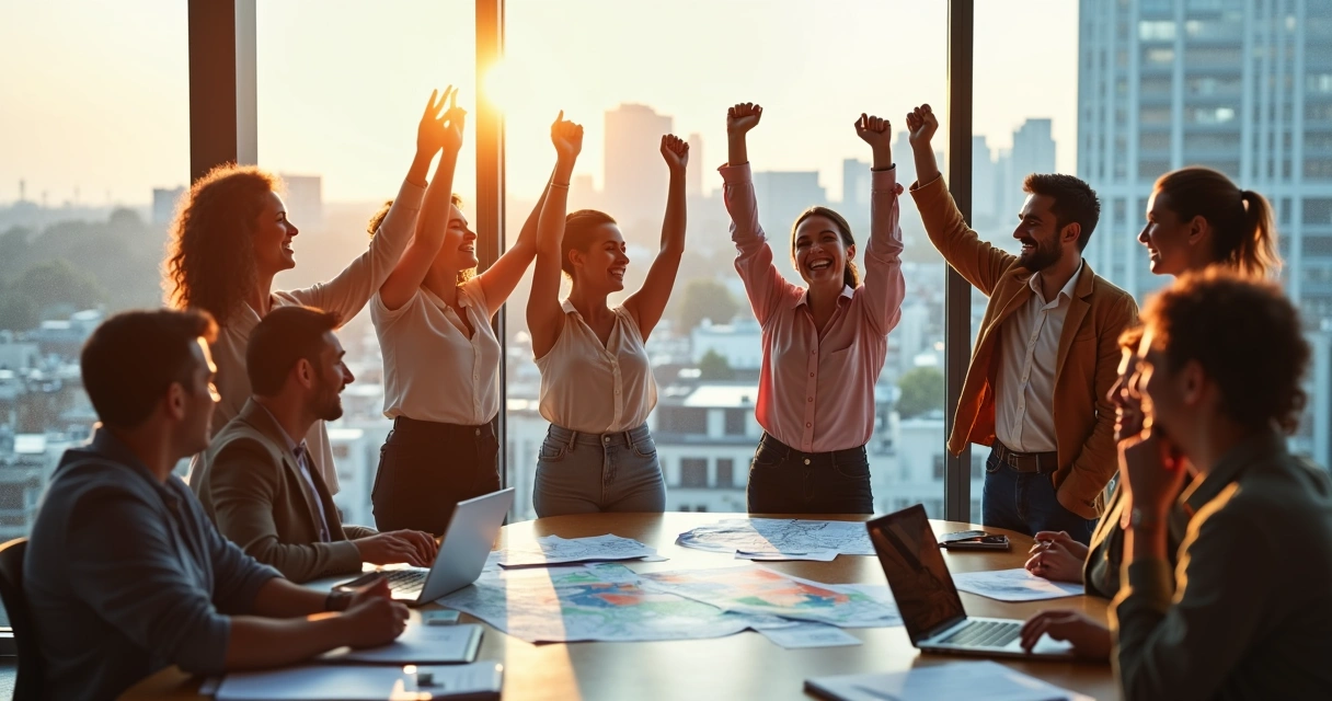 Solar sales team celebrating with documents and laptop 