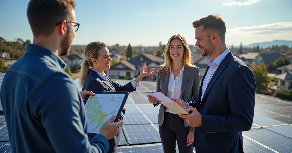 Solar sales team using tablet on rooftop with sunlit solar panels