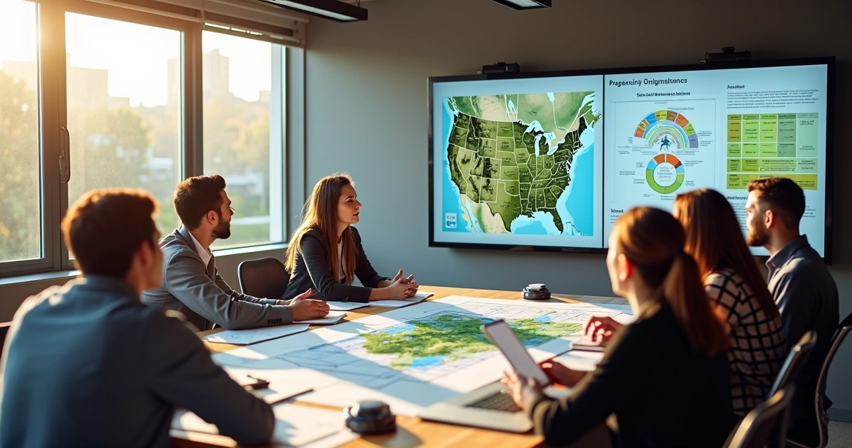 Sales team in meeting reviewing property data 