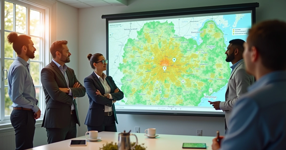 Sales team reviewing digital solar property map 