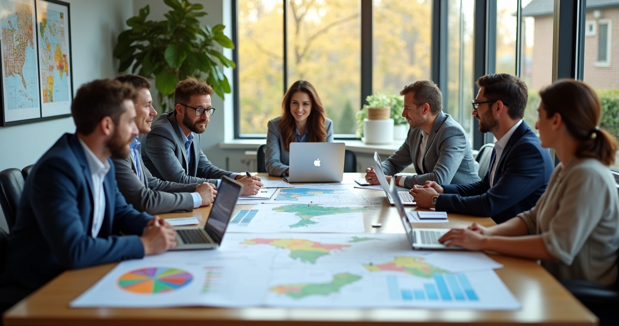 Solar sales team reviewing strategy chart in modern workspace 