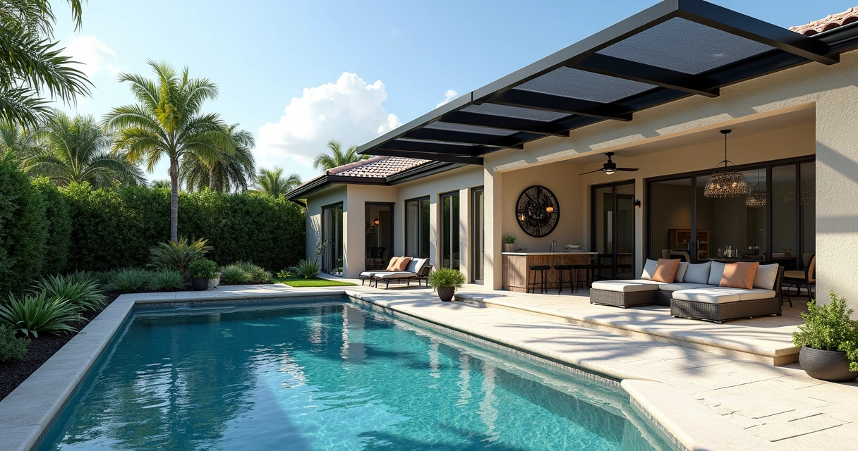Solar panels on pool screen enclosure in Florida patio 