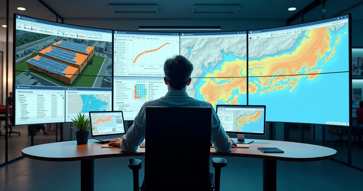 Operator in modern control room monitoring solar software dashboards 