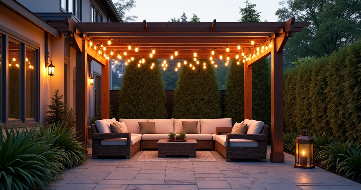Solar string lights crisscrossing a backyard patio with pavers under a pergola in Florida 
