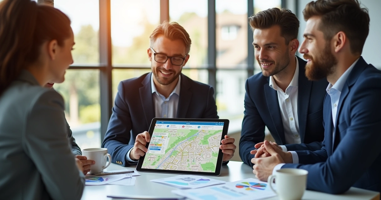 Solar sales team using tablet for AI roof analysis 