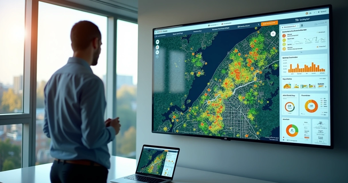 Solar sales manager viewing map-based territory dashboard with rooftop data and routes 