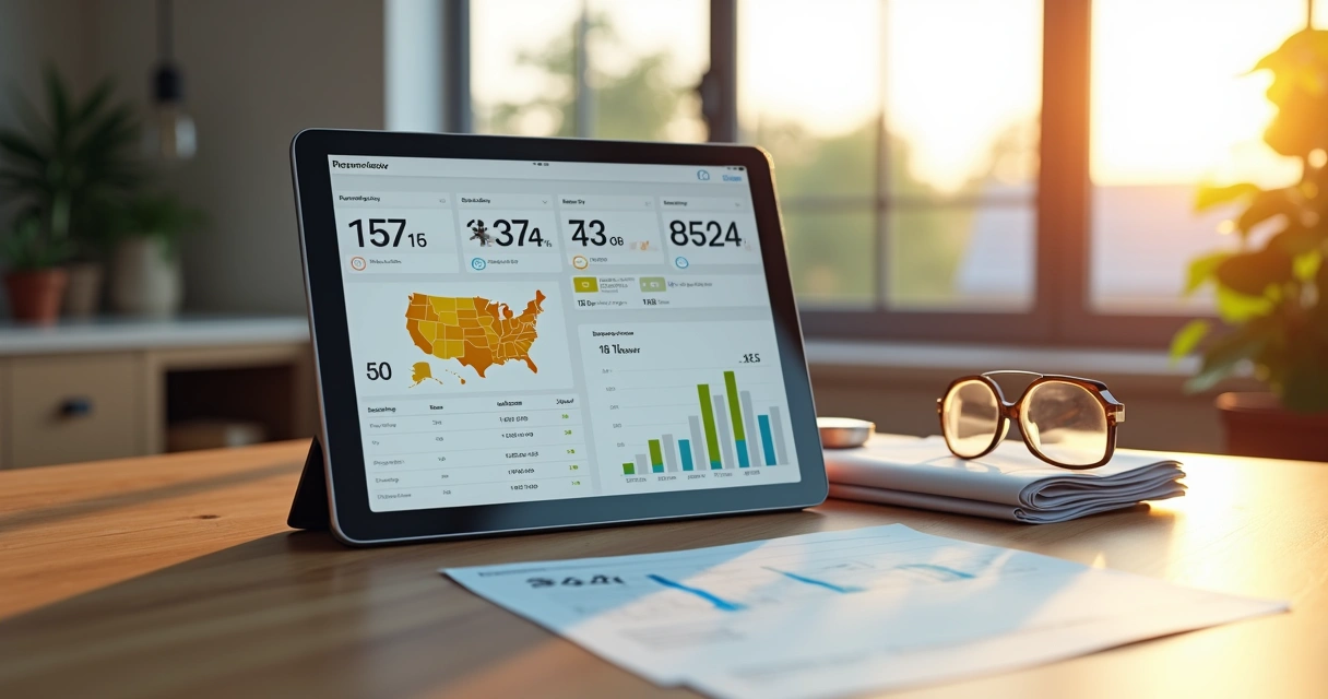 Tablet showing solar energy usage data with home background 