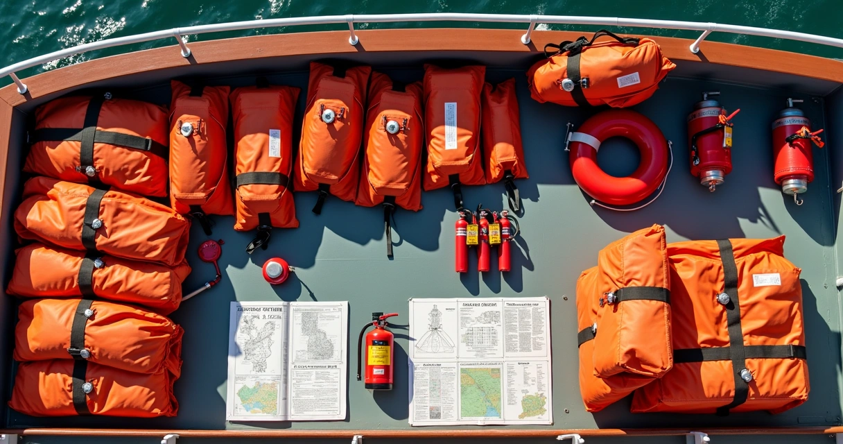 SOLAS safety kit items arranged on ship deck, including lifejackets, fire extinguishers, emergency flares, radios, and charts