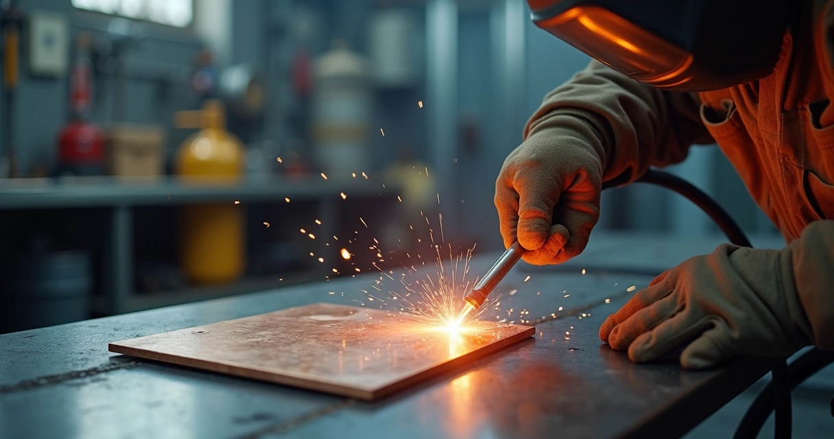 Tocha TIG soldando peça de cobre em bancada industrial