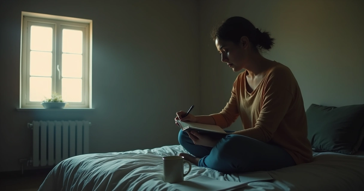Persona sentada sola en una habitación con libreta en mano