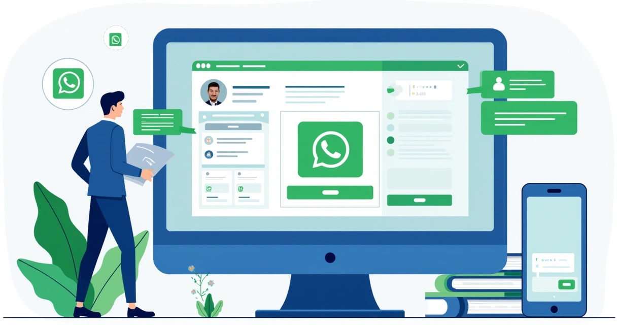 Pessoa analisando tela de computador com interface para solicitação da API do WhatsApp Business ao lado de um smartphone aberto no WhatsApp.