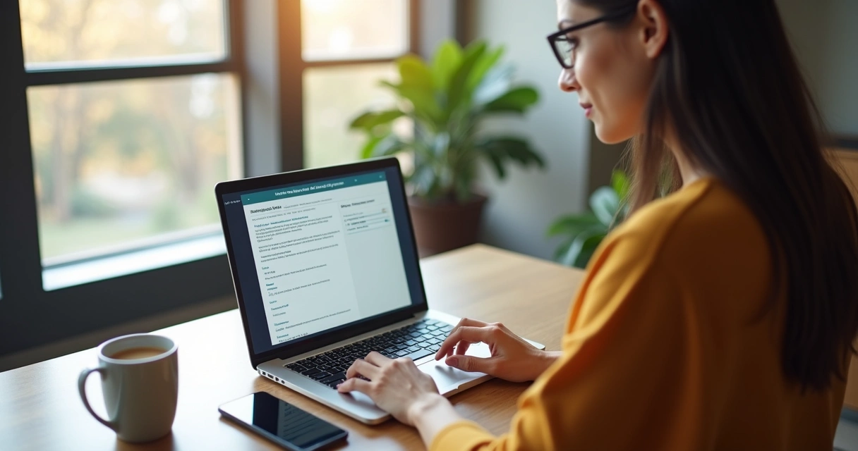 Mulher preenchendo solicitação digital do auxílio maternidade em notebook 