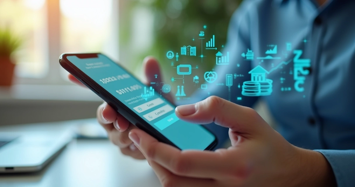 Pessoa usando smartphone para solicitar crédito consignado online, com gráficos e ícones financeiros ao fundo 