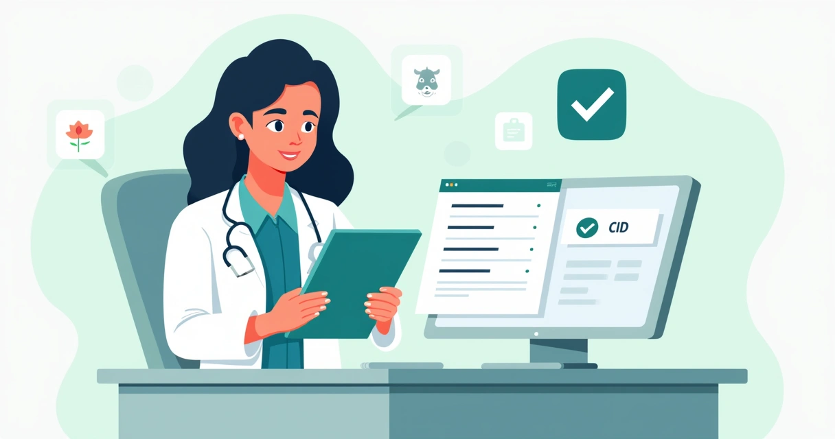 Médica verificando solicitação digital de procedimento com CID correto na tela 