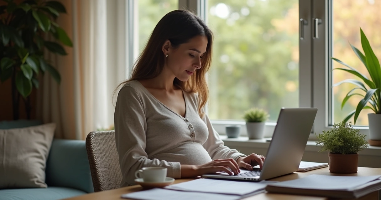 Mulher grávida utilizando notebook para solicitar benefício do governo 