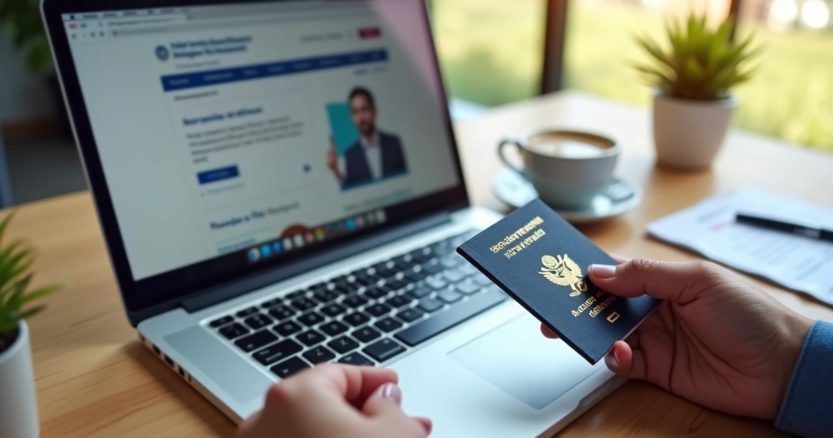 Pessoa segurando passaporte com visto eletrônico aberto e laptop mostrando site oficial de imigração 