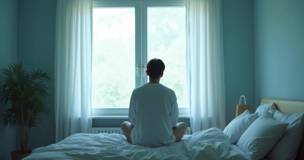 Pessoa sentada sozinha olhando para uma janela em um ambiente iluminado 