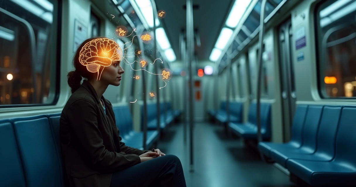 Pessoa em metrô vazio com ilustração de conexões sociais surgindo do cérebro 