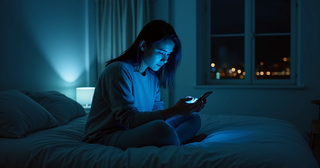 Pessoa sozinha olhando o celular em quarto escuro