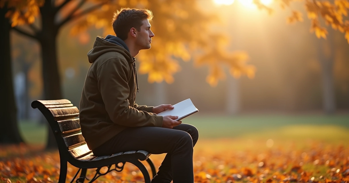 Jovem sentado em um banco de parque olhando para o horizonte e segurando um notebook, luz do fim da tarde e árvores ao fundo 