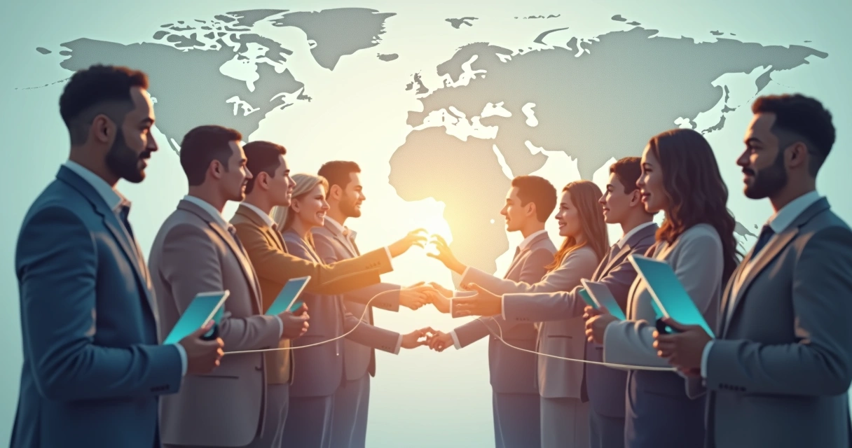 Pessoas conectadas por linhas digitais formando um gesto de união