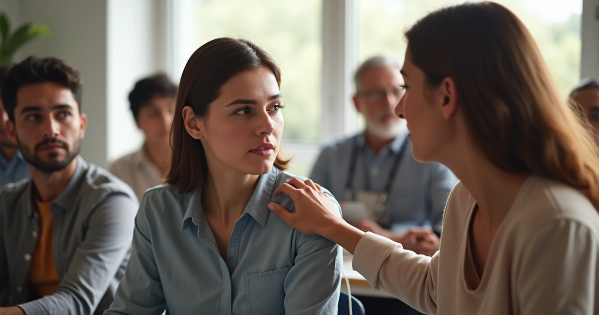 Pessoa oferecendo apoio a colega em grupo enquanto os outros observam 